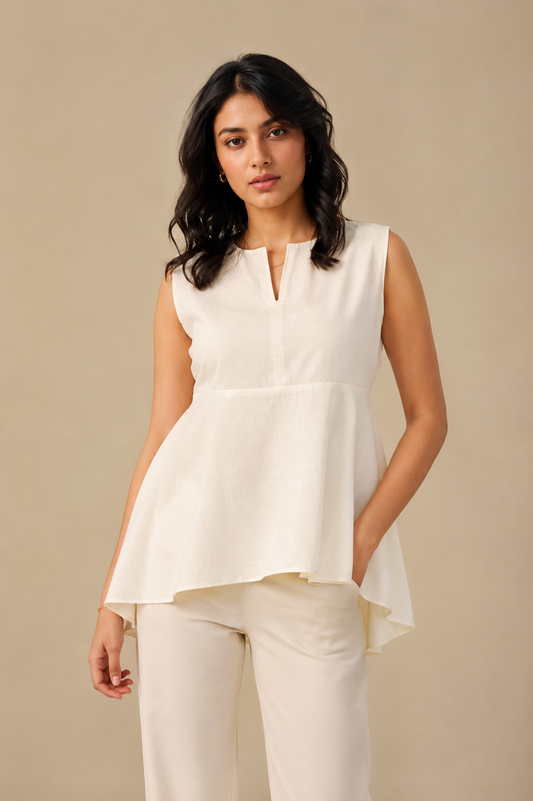 Women's white sleeveless peplum top with split neckline