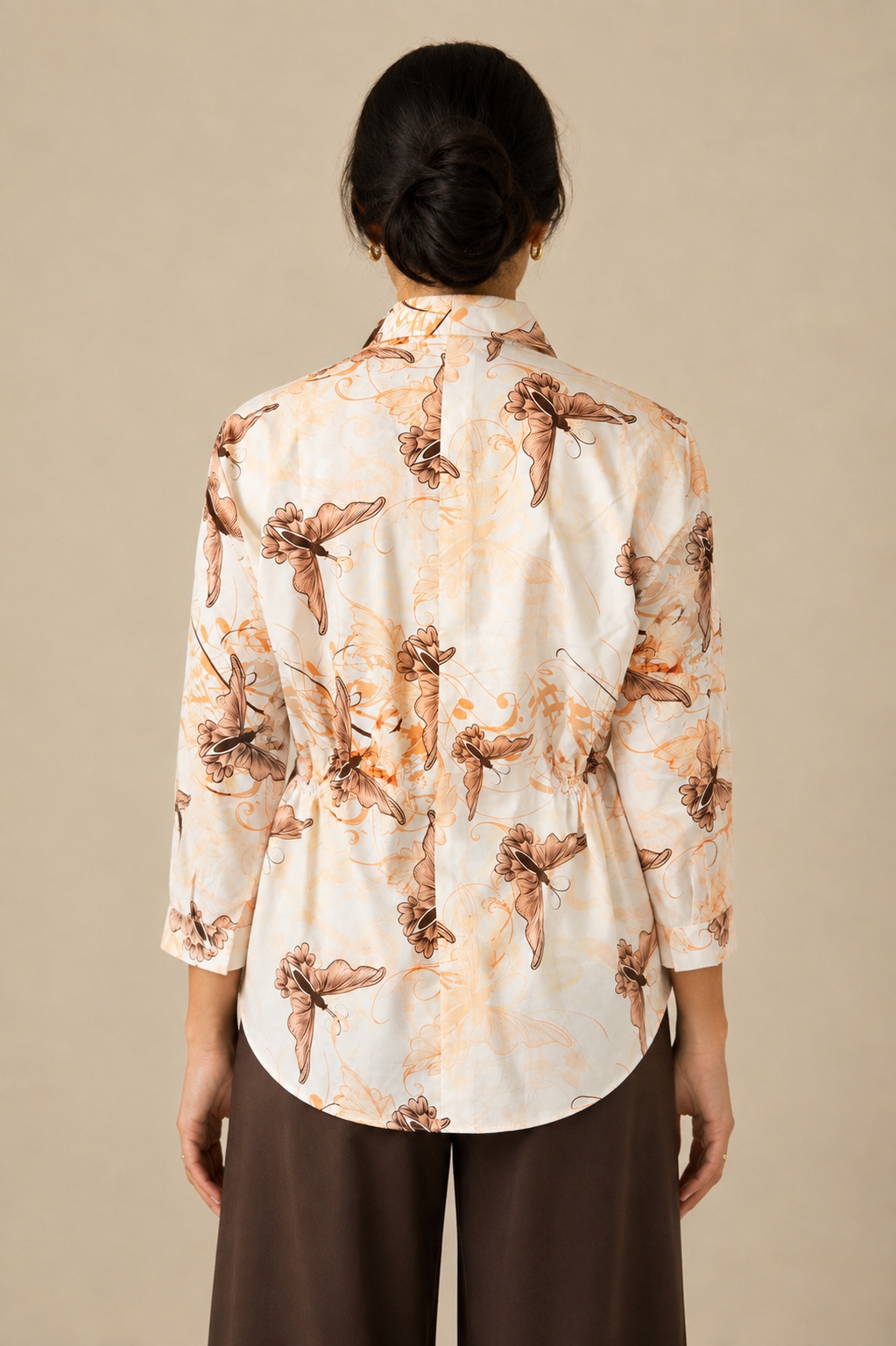 Women's cream butterly long-sleeve button-up shirt top