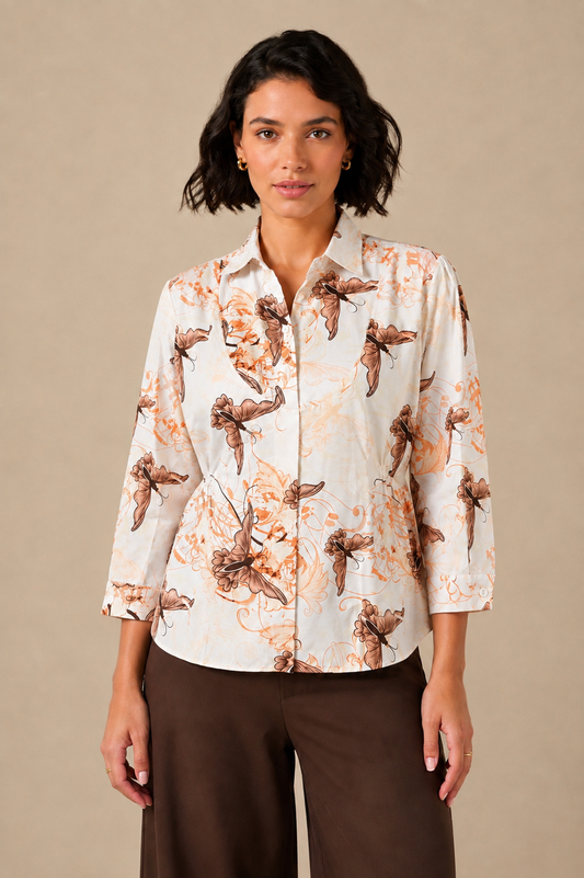 Cream Relaxed Gathered-Waist Shirt Top