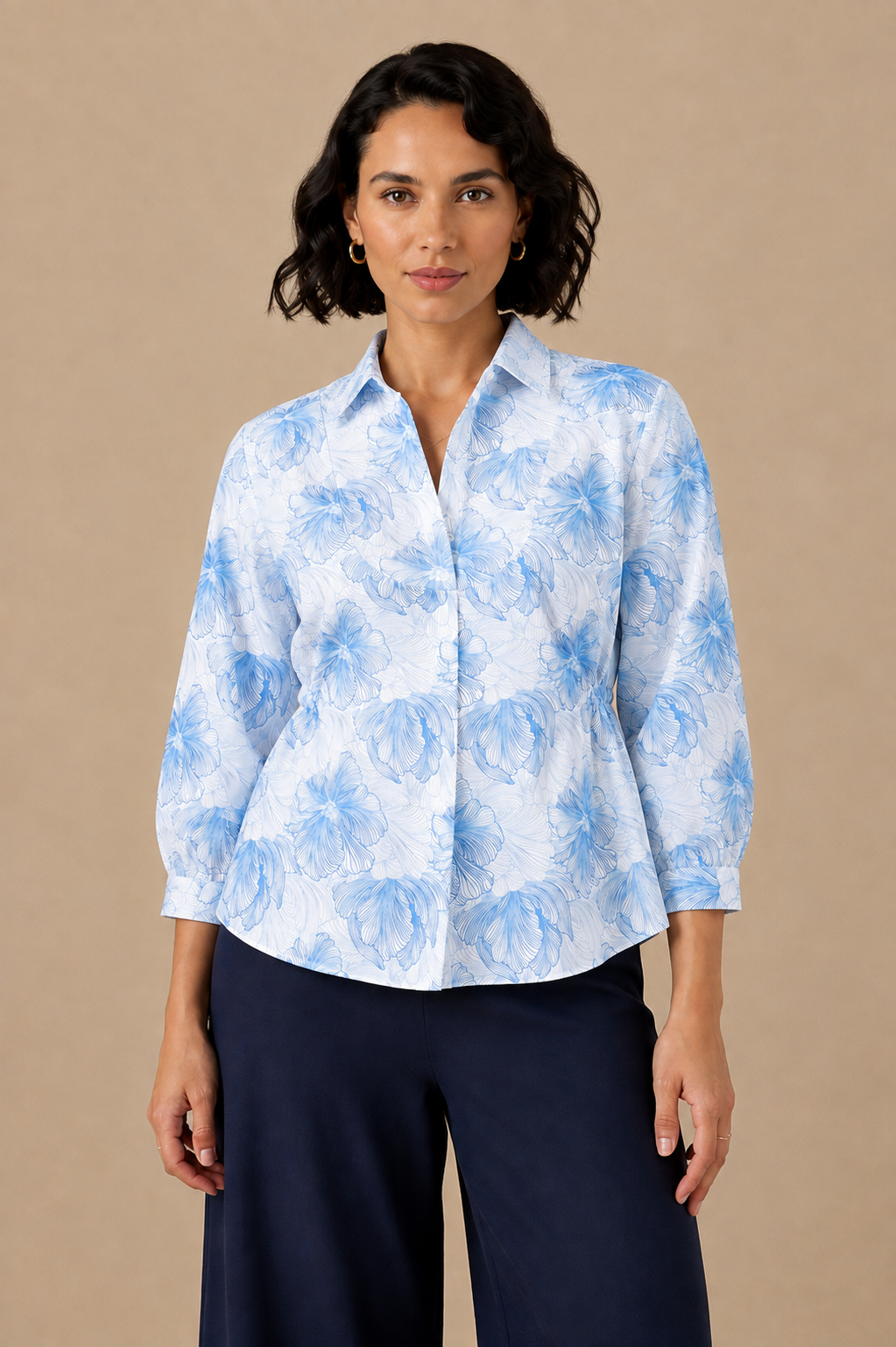 Women's blue and white floral long-sleeve button-up top