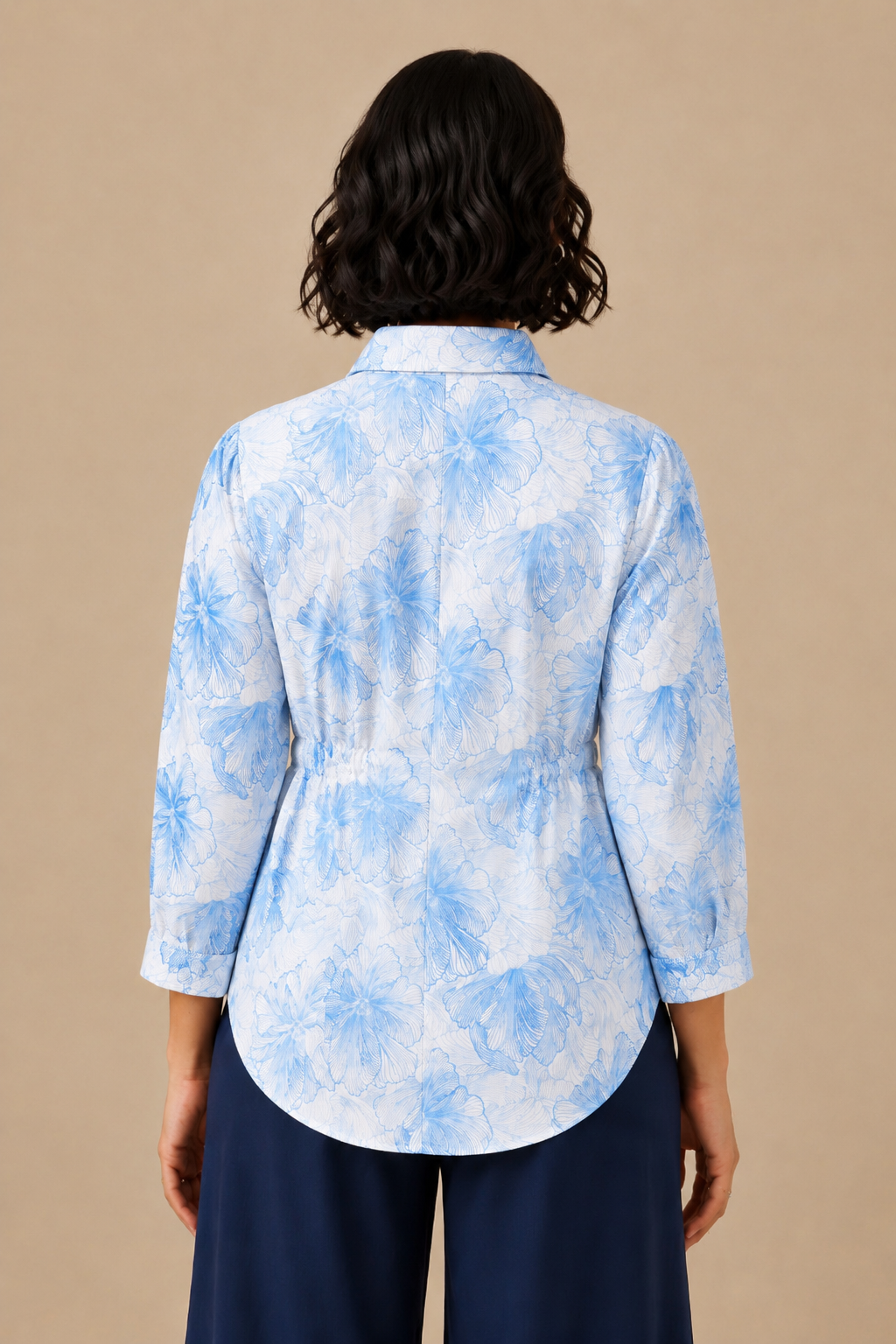 Women's blue and white floral long-sleeve button-up top
