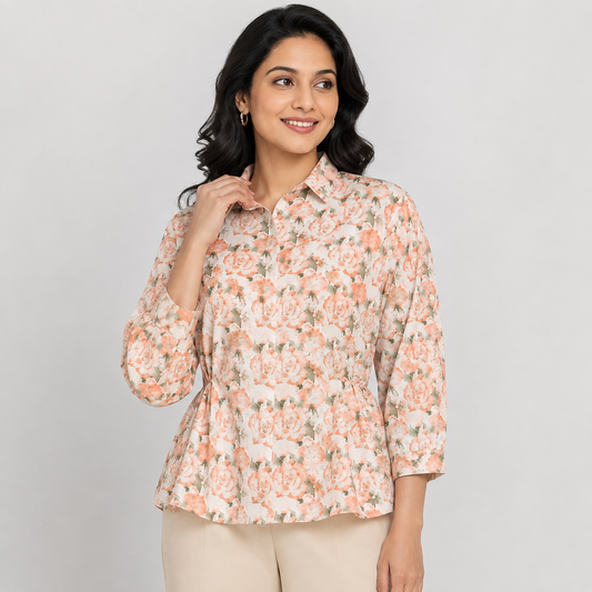 Women's peach and green floral long-sleeve button-up blouse