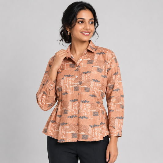 Brown Relaxed Gathered-Waist Shirt Top
