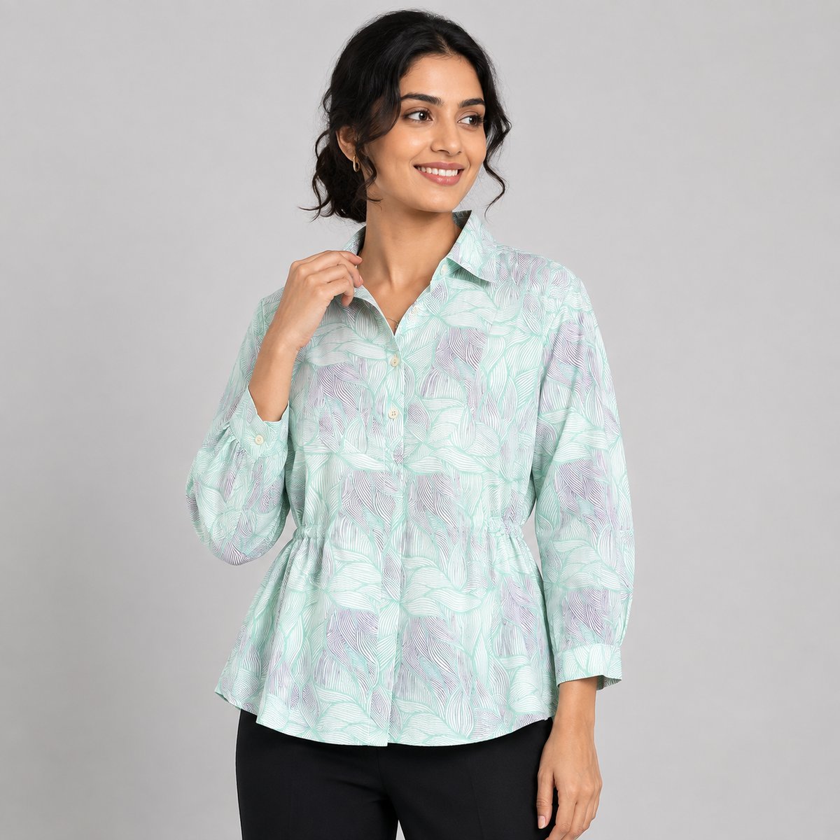 Women's green long-sleeve button-up shirt top