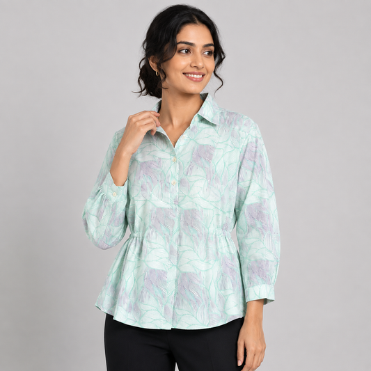 Green Relaxed Gathered-Waist Shirt Top
