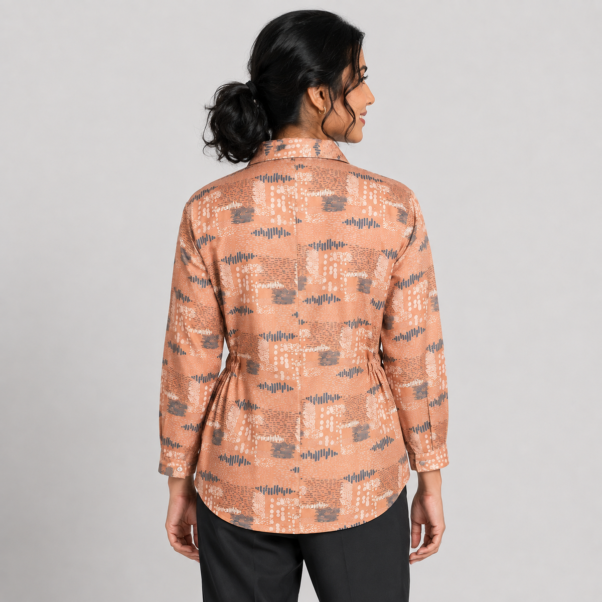 Women's brown long-sleeve button-up shirt top