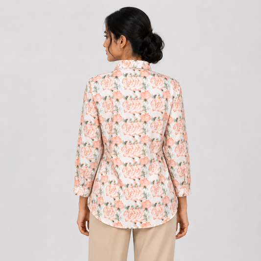 Women's peach and green floral long-sleeve button-up blouse