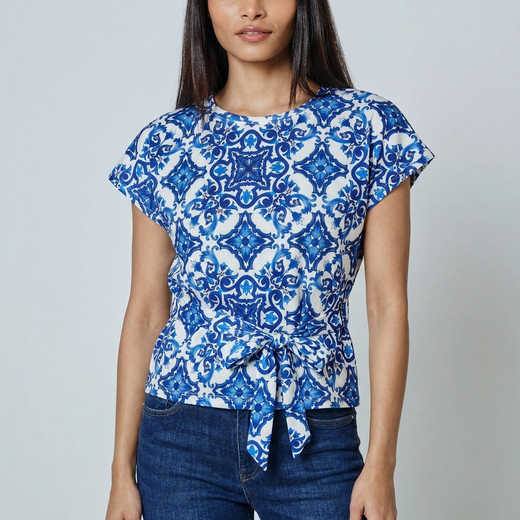 Women's blue and white printed short-sleeve top with tie-front hem